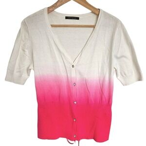 Suzy Shier Hot Pink White Ombre Short‎ Sleeve Ribbon Belt Cotton Cardigan Large
